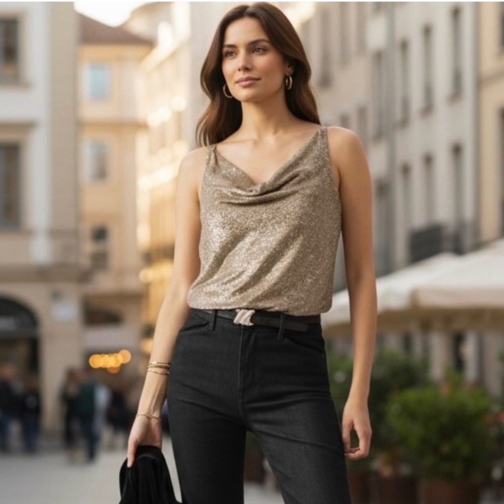 WHBM Sequin Cowl Neck Tank Top - Metallic Gold